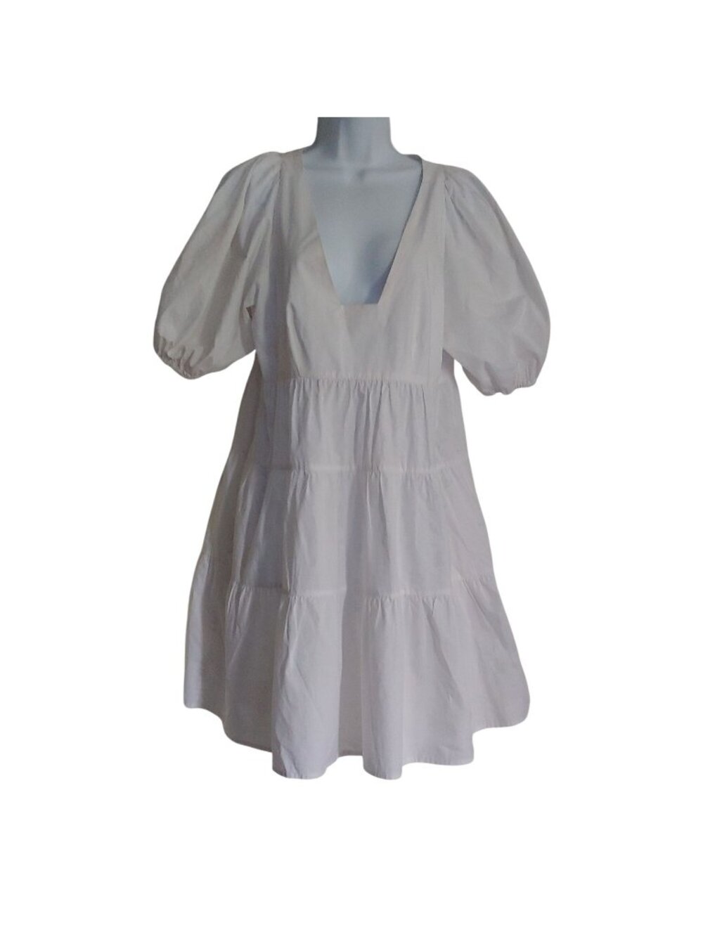Bird & Knoll White Cotton Babydoll Mini Dress Tiered Resort Boho M Coastal